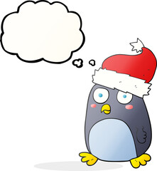 freehand drawn thought bubble cartoon penguin in christmas hat