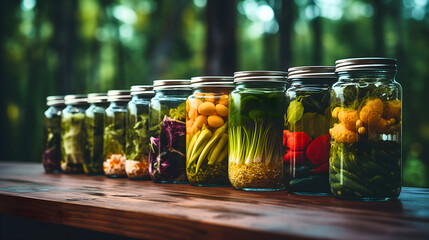 Set of big jars or pots full of fresh organic and colorful vegetables from agricultural labor, placed on a wooden table outdoors, in nature. Pickled healthy vegetarian food, homemade products - obrazy, fototapety, plakaty