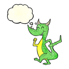 cartoon happy dragon with thought bubble