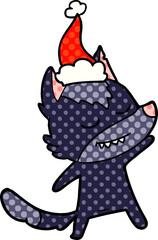 friendly hand drawn comic book style illustration of a wolf wearing santa hat