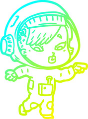 cold gradient line drawing of a cartoon astronaut woman