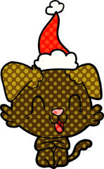 laughing hand drawn comic book style illustration of a dog wearing santa hat