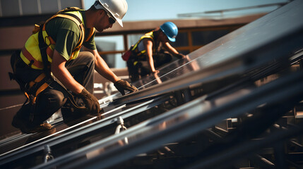 Two skilled workers or craftsmen wearing working uniforms and helmets, technicians are installing solar panels on a rooftop of a house for clean energy and electricity supply in a home - obrazy, fototapety, plakaty