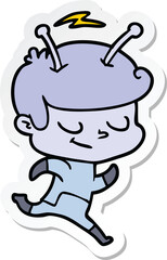 sticker of a friendly cartoon spaceman running