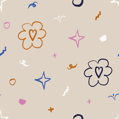 Hand drawn quirky doodles, naive childish sketch drawing scribbles seamless pattern. Colorful creative various shapes elements wallpaper. Creative repeatable background