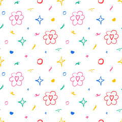 Hand drawn quirky doodles, naive childish sketch drawing scribbles seamless pattern. Colorful creative various shapes elements wallpaper. Creative repeatable background