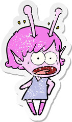 distressed sticker of a cartoon shocked alien girl