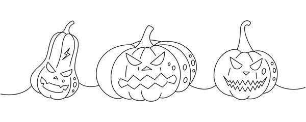 Autumn pumpkins scary faces. Pumpkins with scary faces one line continuous drawing. Autumn halloween vegetables continuous one line illustration.
