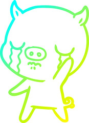 cold gradient line drawing of a cartoon pig crying waving goodbye