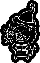 quirky cartoon icon of a roaring lion with gift wearing santa hat