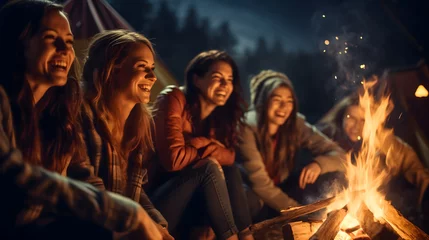 Poster Group of young female friends sitting around the campfire at night, beautiful girls camping in the wilderness, laughing and having a good time in the forest nature under the starry sky © Nemanja