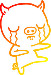 warm gradient line drawing of a cartoon pig crying