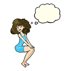 cartoon sitting woman in dress with thought bubble