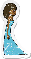 retro distressed sticker of a cartoon woman pulling photo face