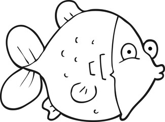 freehand drawn black and white cartoon funny fish