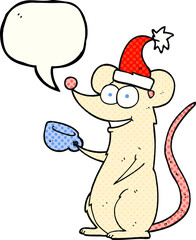 freehand drawn comic book speech bubble cartoon mouse wearing christmas hat