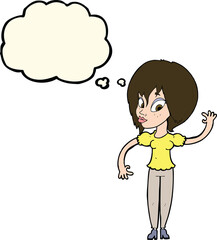 cartoon woman waving with thought bubble