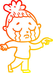 warm gradient line drawing of a cartoon crying woman pointing