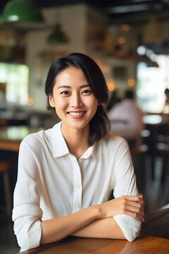 Beautiful happy young Asian woman wearing white shirt, sitting at the table in a modern cafeteria interior, smiling and looking at the camera. Cheerful Korean girl