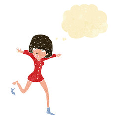 cartoon woman kicking off sock with thought bubble