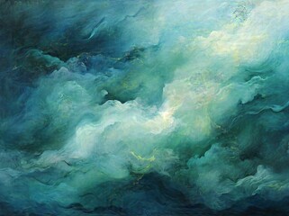 Emerald Whisper: An Abstract Dance of Green Mist, Drips, and Waves