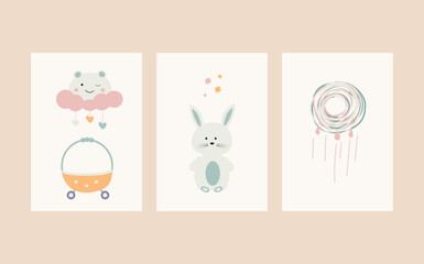 A collection of charming Scandinavian style boho baby cards featuring adorable doodle children clipart.Cute cartoon bohemian nursery posters.For shower invitations, posters, and more.