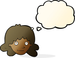 cartoon happy female face with thought bubble