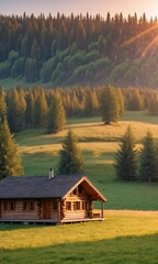 Wooden Log Cabin On A Meadow During Sunrise.