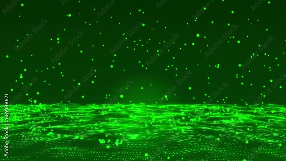 Poster abstract hi-tech bouncing green particles background. green sphere particles are falling, bouncing, 