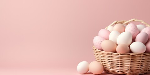 Easter banner with wicker basket full of eggs on pinkbackground