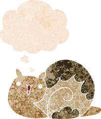 cute cartoon snail with thought bubble in grunge distressed retro textured style