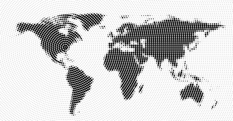 World map blurred rotation halftone. Made for world news and articles. Black circles on white background. © Vjom