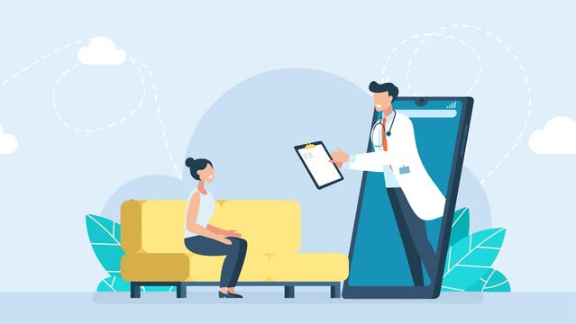 Online healthcare and medical consultation. Online diagnostics. Digital health concept. Woman connecting with a doctor online using a smartphone app and having a consultation. 2d flat animation	