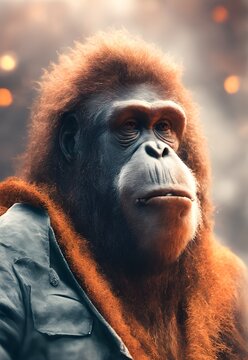 Orangutan cinematic portrait, human interest style photography, Anthropomorphic animals, Portrait photography, AI generated image.