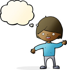 cartoon waving boy with thought bubble