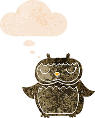 cartoon owl with thought bubble in grunge distressed retro textured style