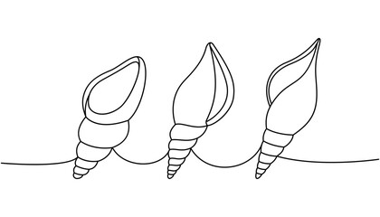 Mollusks. Sea shells, mollusks, scallop, pearls. Tropical underwater shells continuous one line illustration. Vector minimalist linear illustration.