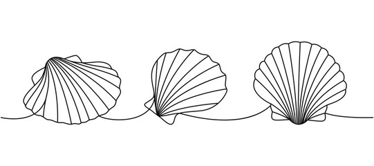 Underwater shells. Sea shells, mollusks, scallop, pearls. Tropical underwater shells continuous one line illustration. Vector minimalist illustration.
