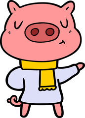 cartoon content pig in winter attire