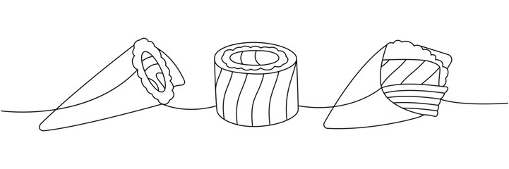 Sushi rolls set. Japanese cuisine, traditional food one line drawing. Sake hand roll, sake temaki, philadelphia sushi continuous one line illustration