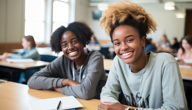 Black teen girl in modern classroom.generative ai