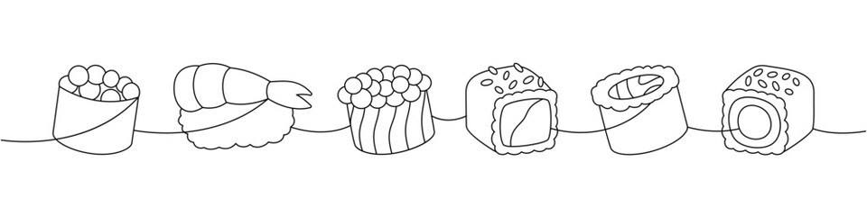 Seafood sushi rolls. Japanese cuisine, traditional food one line drawing. Ikura sushi, tobiko maki, shrimp nigiri, tekkamaki tuna roll, futomaki
