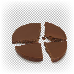Broken pieces of chocolate round coin into four pieces. Chocolate coin, dessert, infographic, diagram. vector 3d realistic illustration isolated on transparent background.
