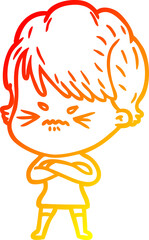 warm gradient line drawing of a cartoon frustrated woman