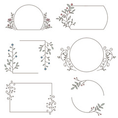 レトロカラーの花とツタと葉の枠とフレームとあしらいのセット