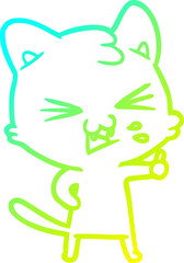 cold gradient line drawing of a cartoon cat hissing