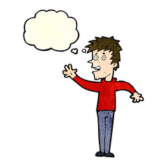 cartoon happy boy waving with thought bubble