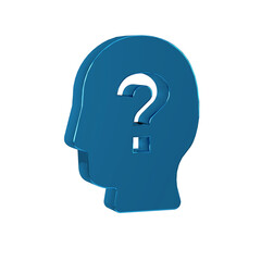 Blue Human head with question mark icon isolated on transparent background.