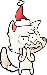hand drawn gradient cartoon of a grinning fox wearing santa hat