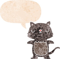 cartoon cat with speech bubble in grunge distressed retro textured style